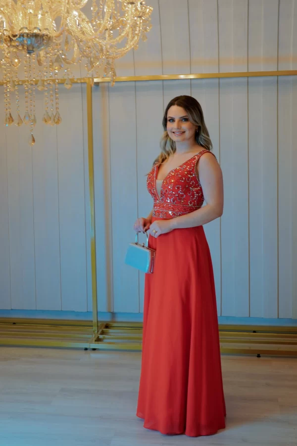 Vestido Longo Seda Bordado Busto